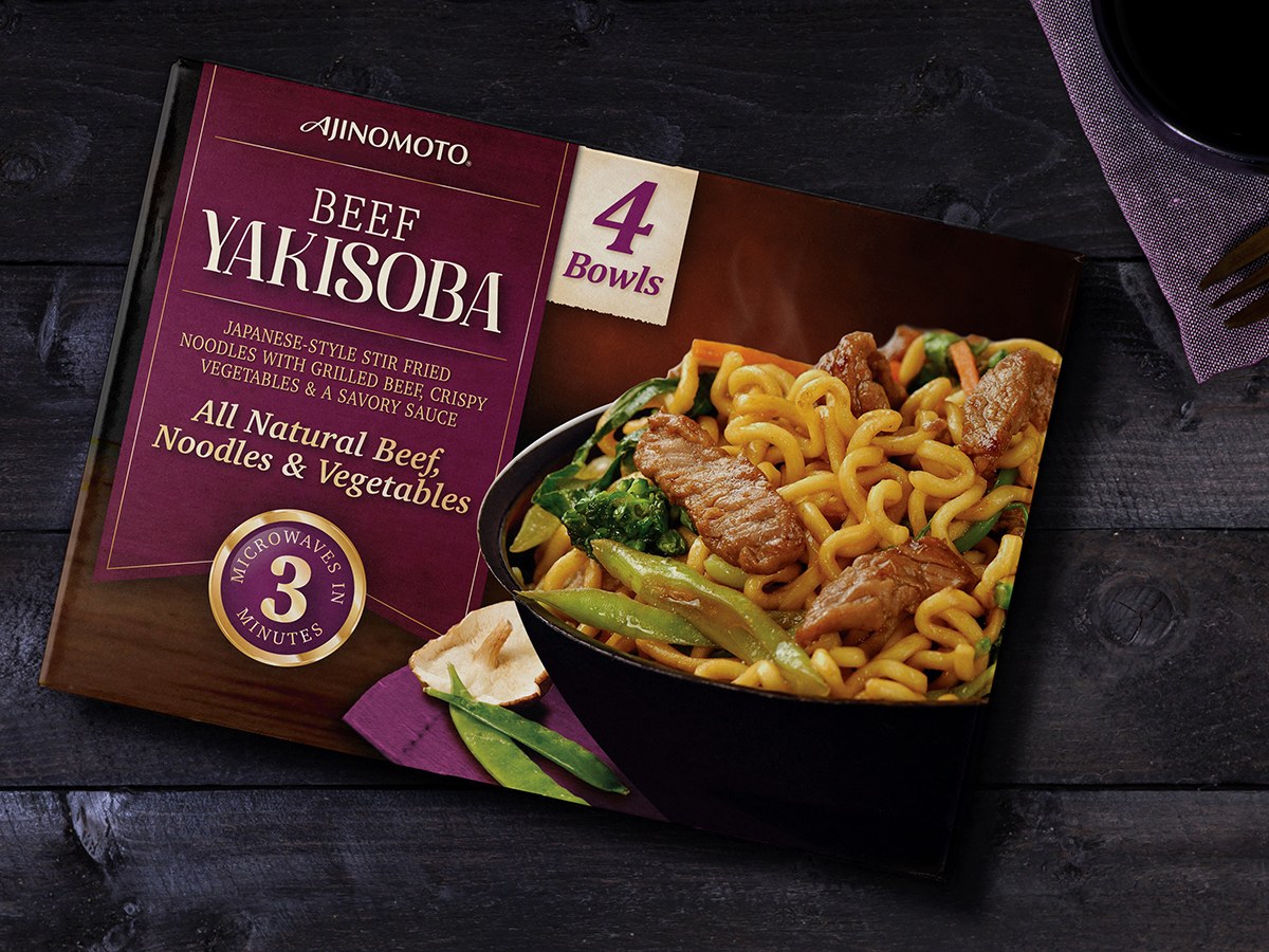 Ajinomoto Beef Yakisoba ready-to-eat bowl packaging
