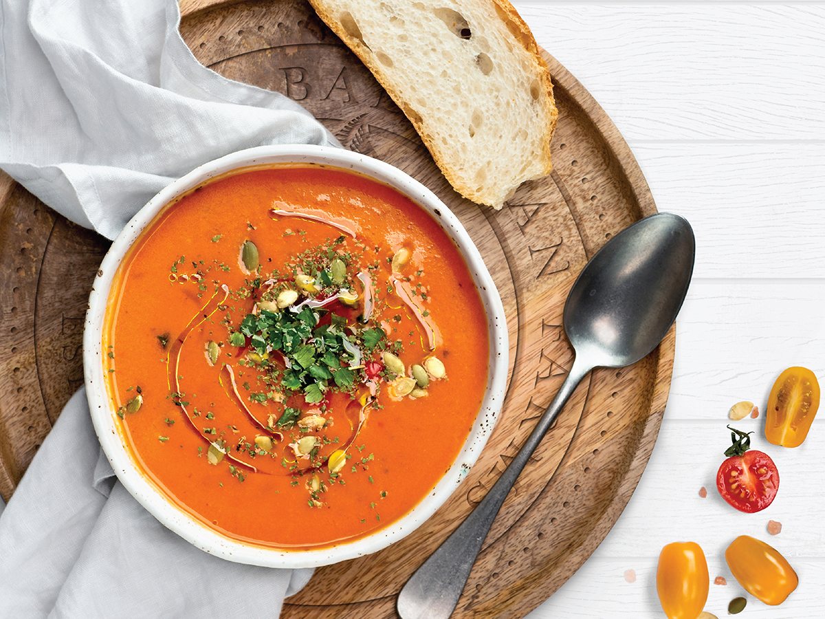 Balakian Farms heirloom tomato soup with bread at the farm cafe