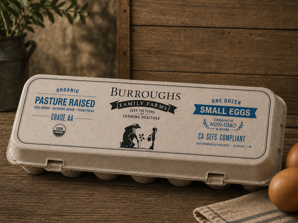 Burroughs Family Farms organic pasture-raised egg carton