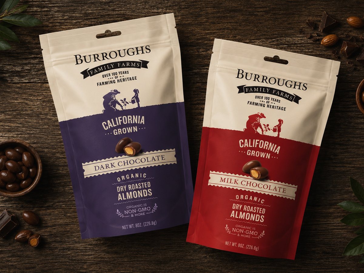 Burroughs Family Farms dark chocolate and milk chocolate covered almonds