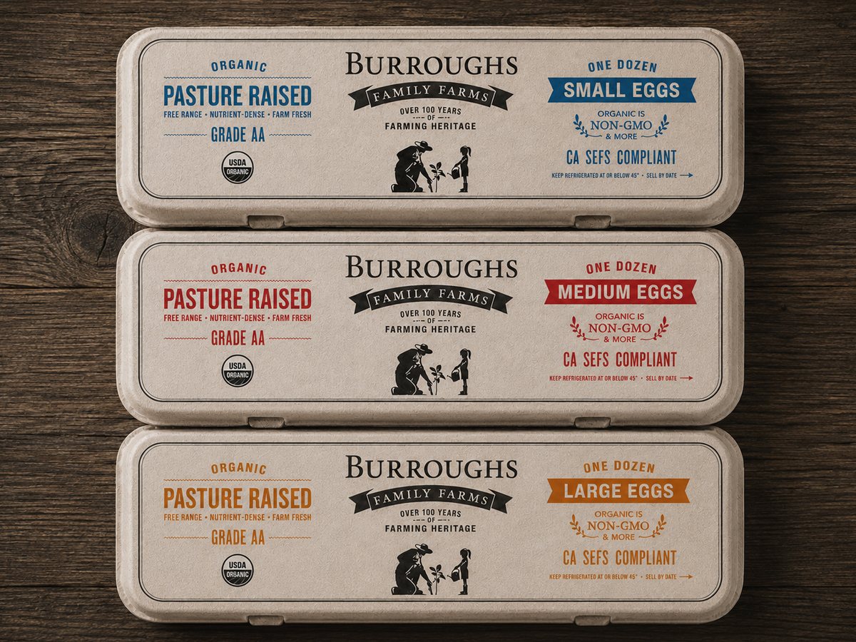 Burroughs Family Farms small, medium, and large egg cartons