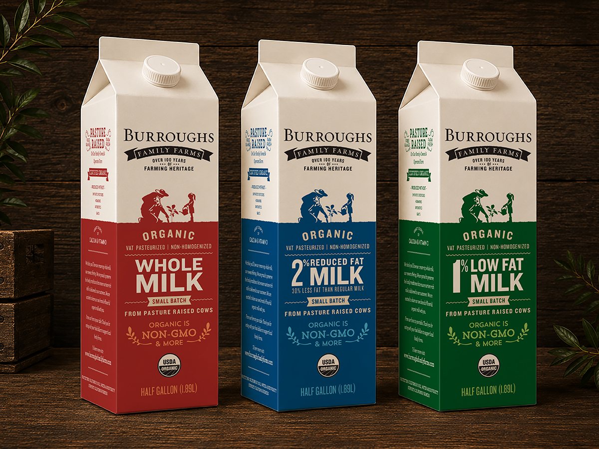 Burroughs Family Farms whole, 2%, and 1% organic milk cartons
