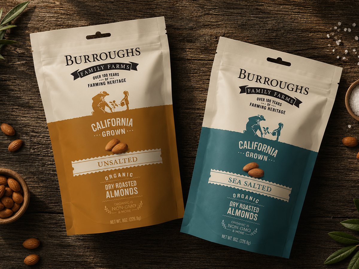 Burroughs Family Farms unsalted and sea salted dry roasted almonds