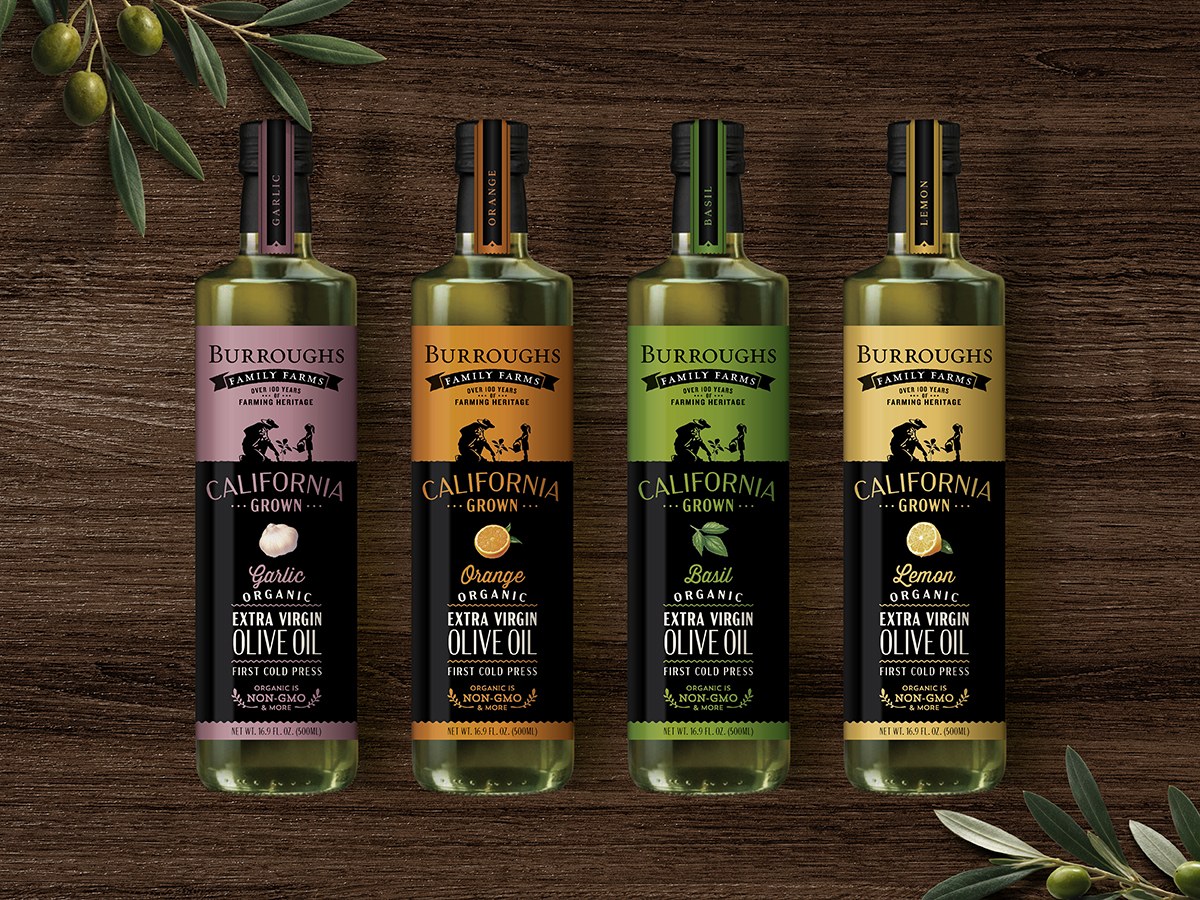 Burroughs Family Farms flavored olive oil: garlic, orange, basil, lemon