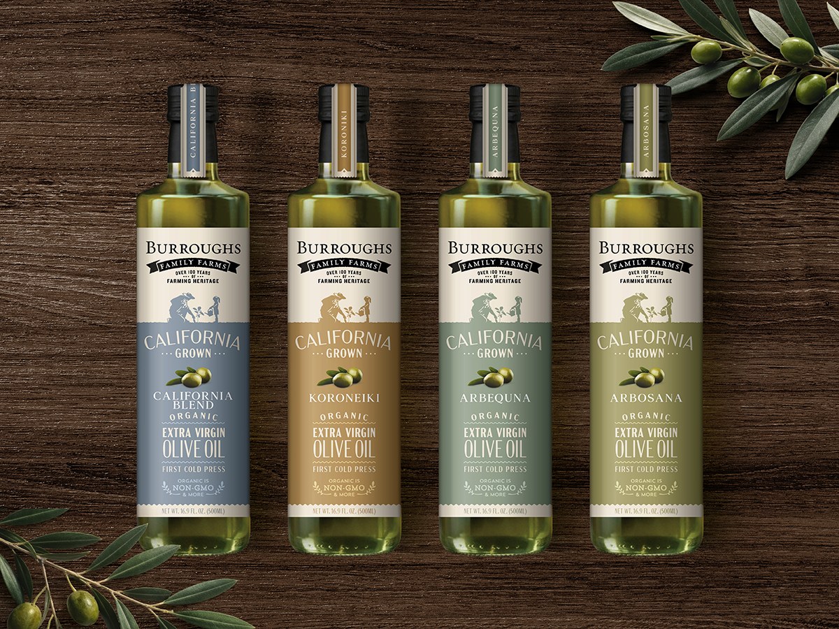 Burroughs Family Farms extra virgin olive oil varietals: California Blend, Koroneiki, Arbequina, Arbosana