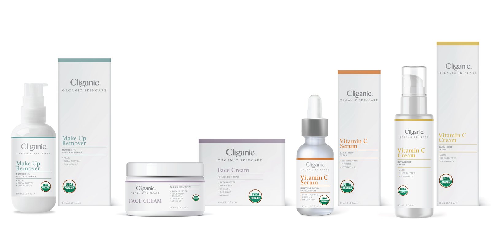 Cliganic organic skincare line including face cream and vitamin C serum