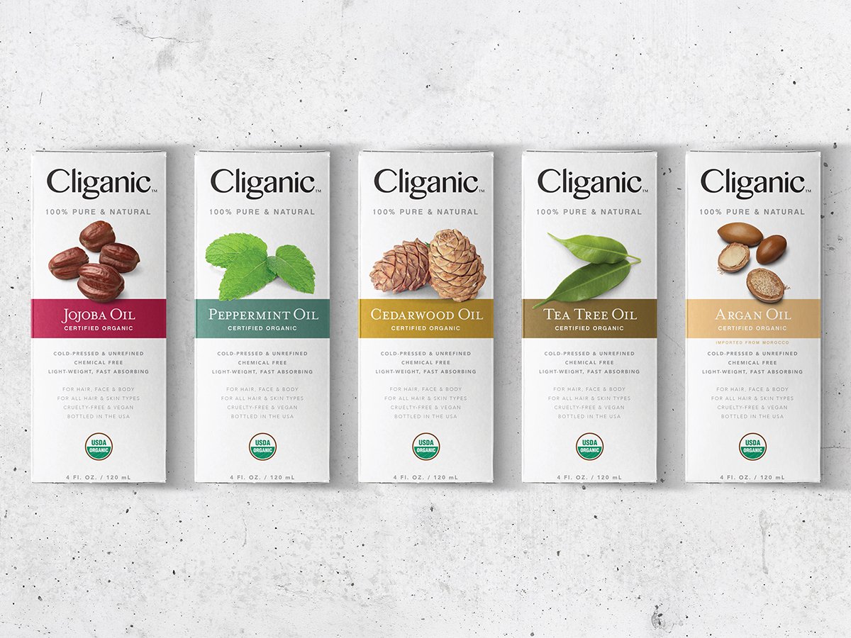 Cliganic retail boxes for Jojoba, Peppermint, Cedarwood, Tea Tree, and Argan oils