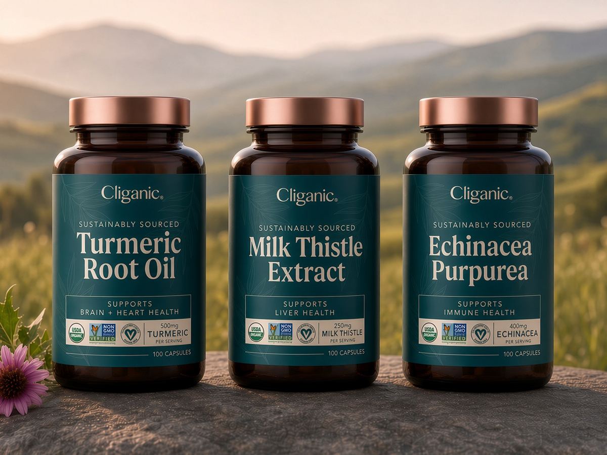 Cliganic turmeric root oil, milk thistle, and echinacea supplement bottles