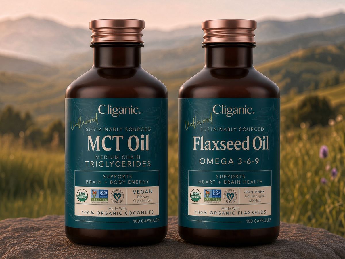 Cliganic MCT oil and flaxseed oil supplement bottles