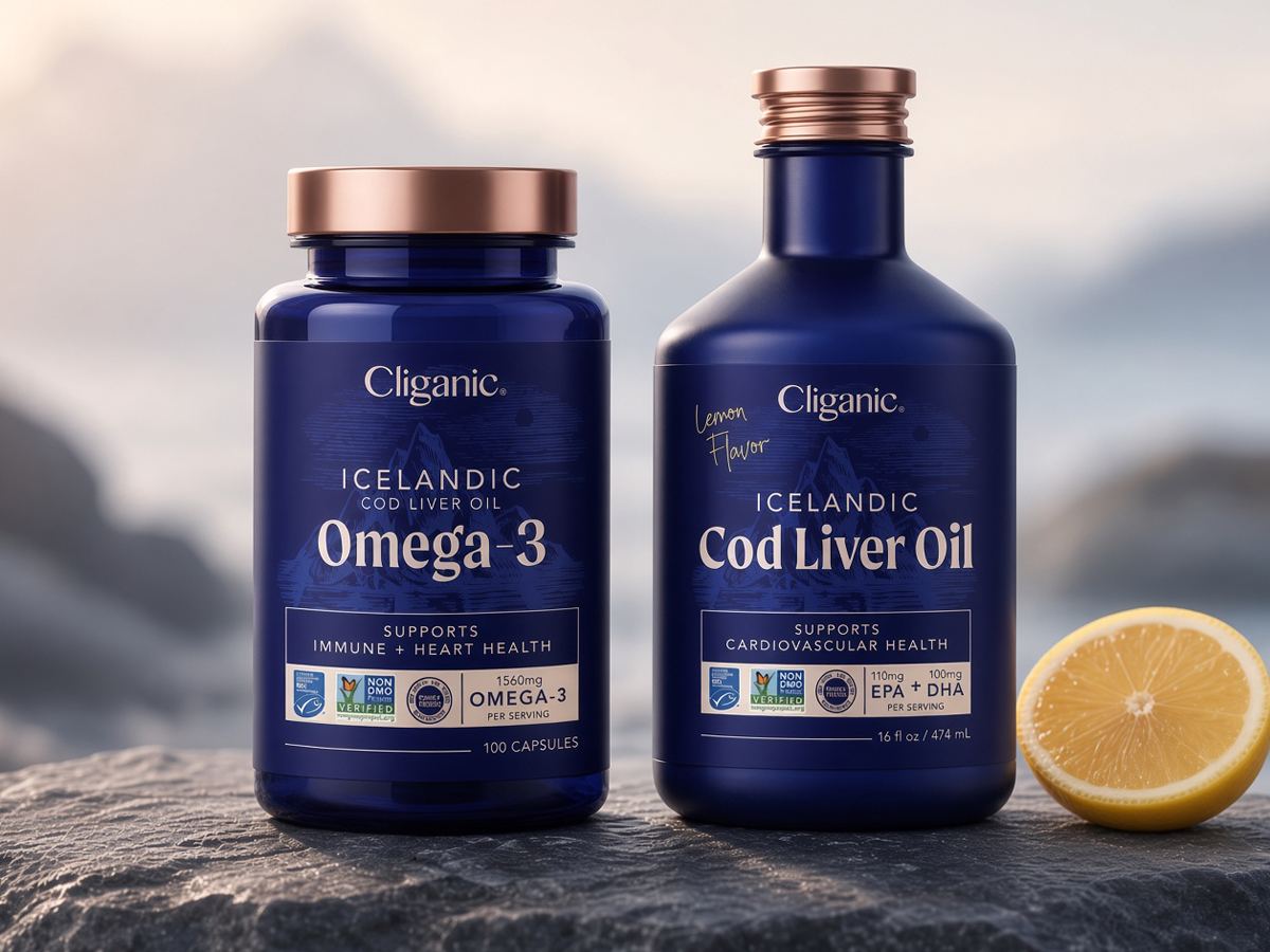 Cliganic Icelandic omega-3 and cod liver oil supplement bottles