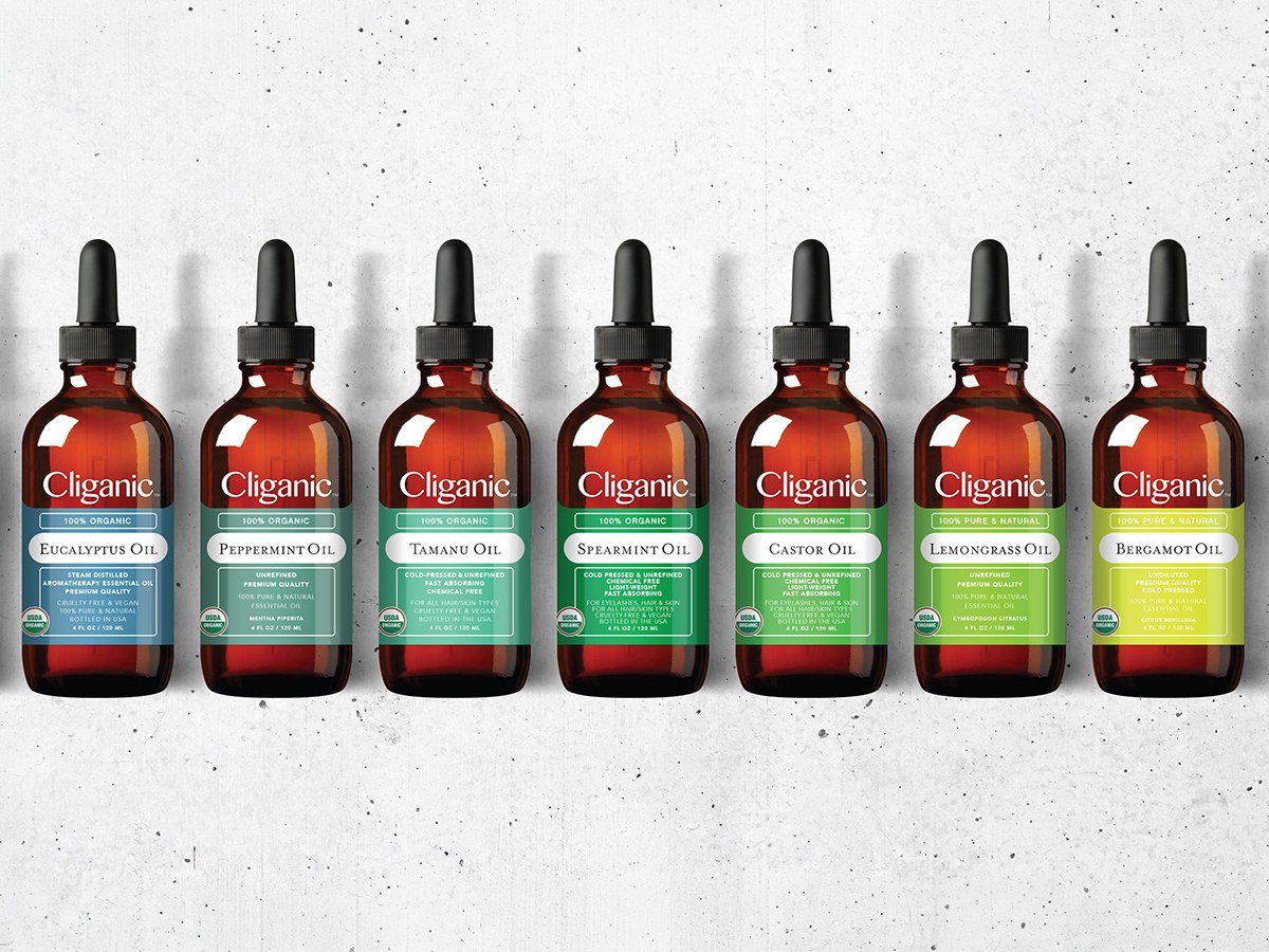 Cliganic essential oil bottles including Eucalyptus, Peppermint, and Spearmint