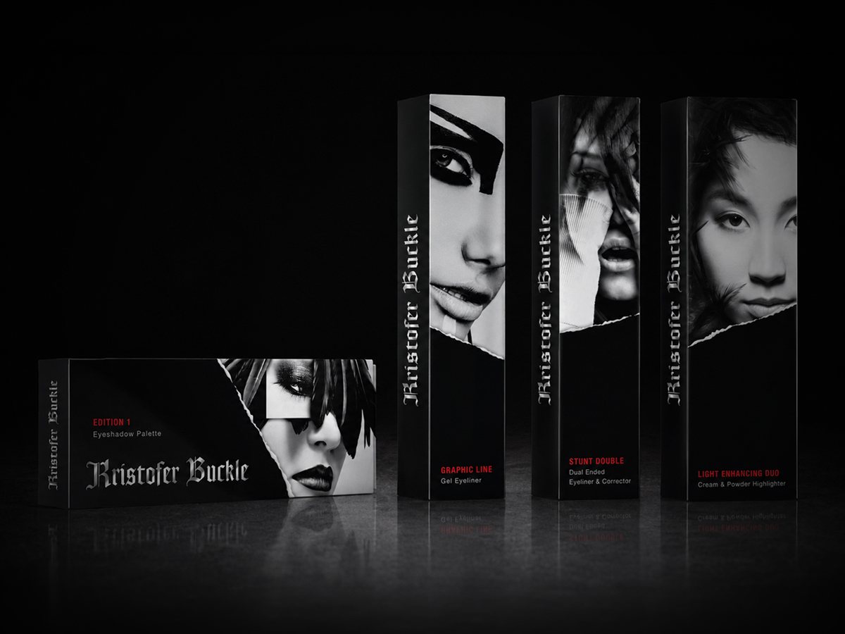 Kristofer Buckle eyeshadow, eyeliner, and highlighter packaging