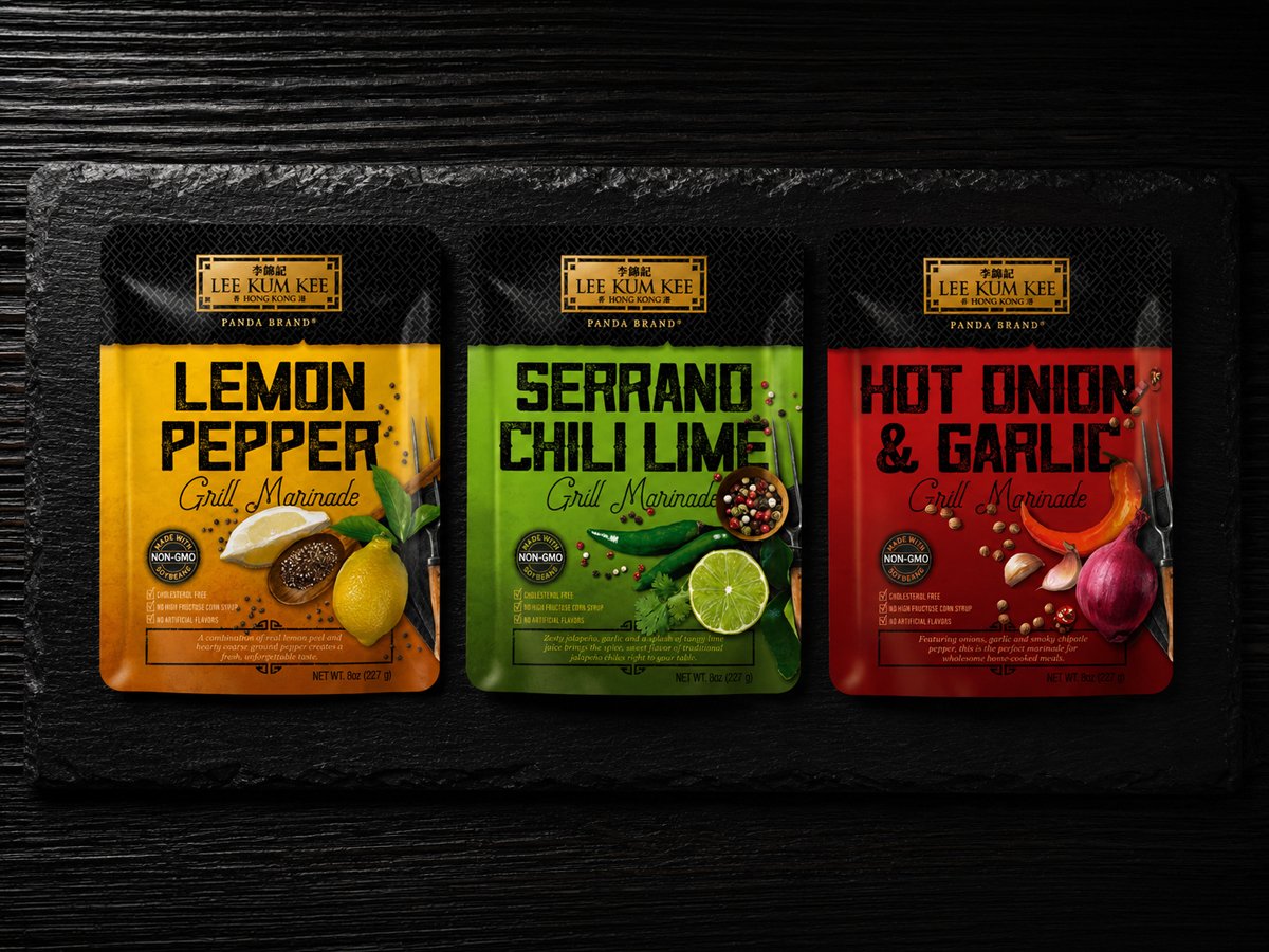 Lee Kum Kee Lemon Pepper, Serrano Chili Lime, and Hot Onion and Garlic grill marinade packets side by side