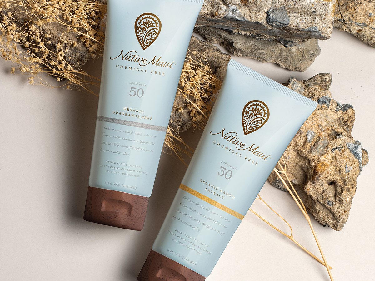 Native Maui sunscreen tubes, fragrance-free and organic mango extract