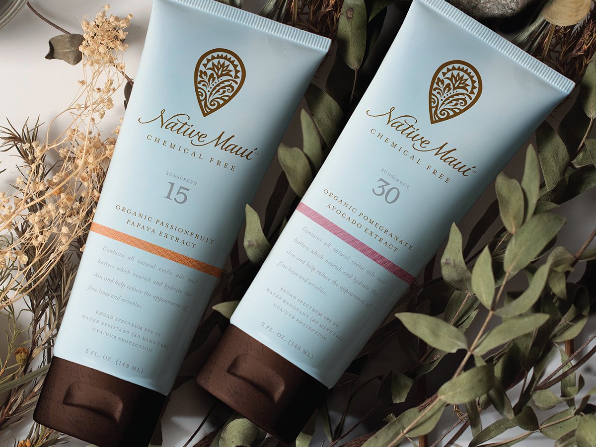 Native Maui sunscreen tubes, passionfruit papaya and pomegranate avocado extract