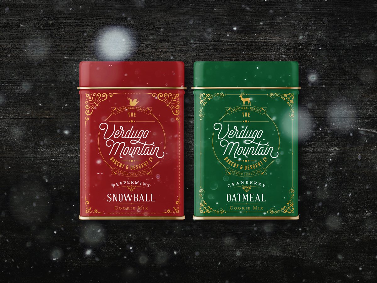The Verdugo Mountain Bakery seasonal winter cookie mix tins in red and green